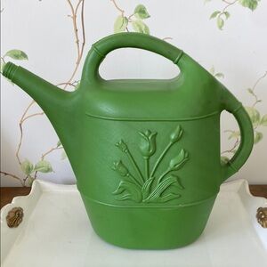 Vintage 80s Union Products Blow Mold Green Watering Can Embossed Flowers